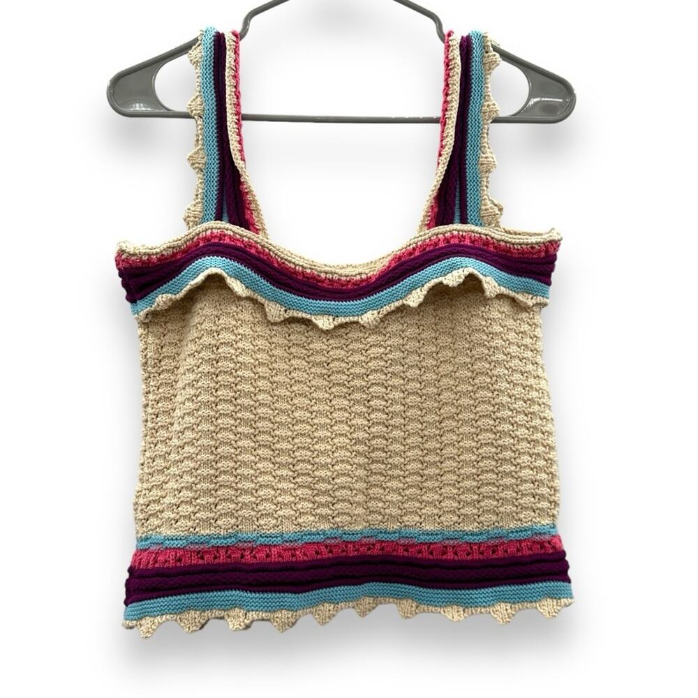 Andrew Marc New York Cream, Pink, Burgundy, and Blue Crochet Knit Tank Top‎ Sz M